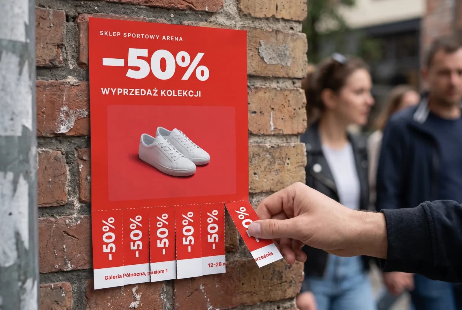 Przechodzień odrywa pasek
